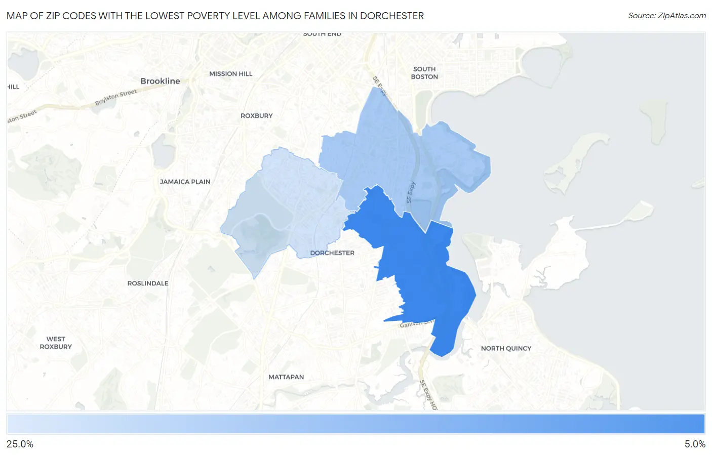 Zip Codes with the Lowest Poverty Level Among Families in Dorchester Map