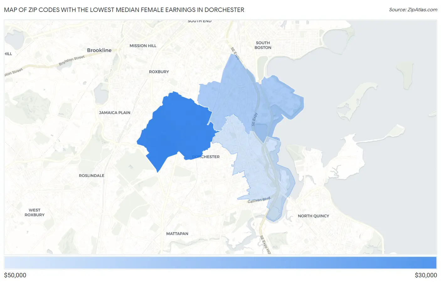 Zip Codes with the Lowest Median Female Earnings in Dorchester Map