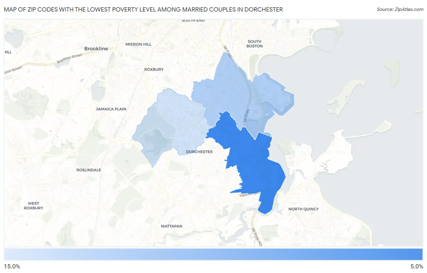 Zip Codes with the Lowest Poverty Level Among Married Couples in Dorchester Map
