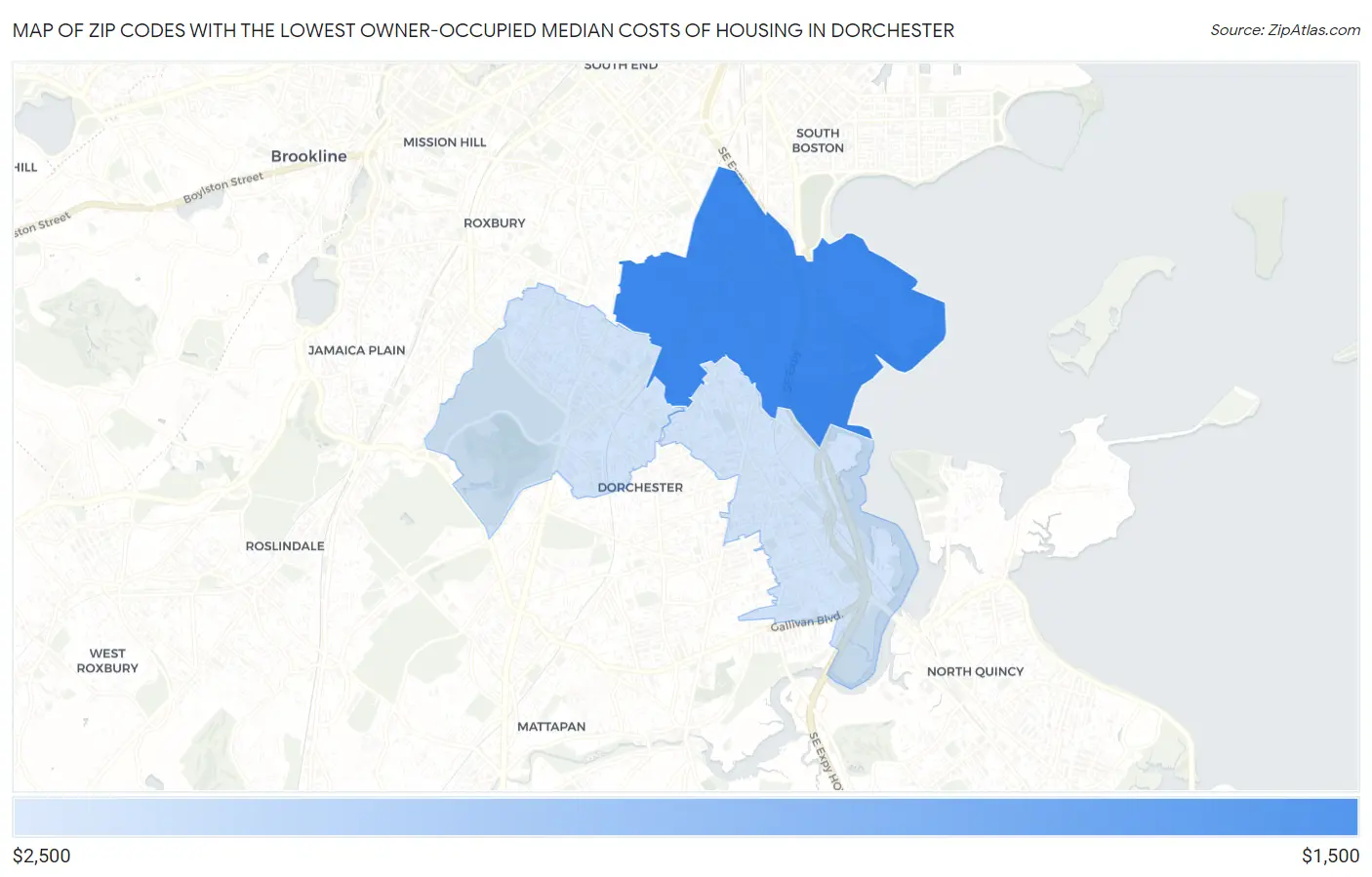 Zip Codes with the Lowest Owner-Occupied Median Costs of Housing in Dorchester Map