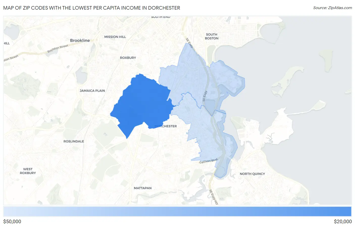 Zip Codes with the Lowest Per Capita Income in Dorchester Map