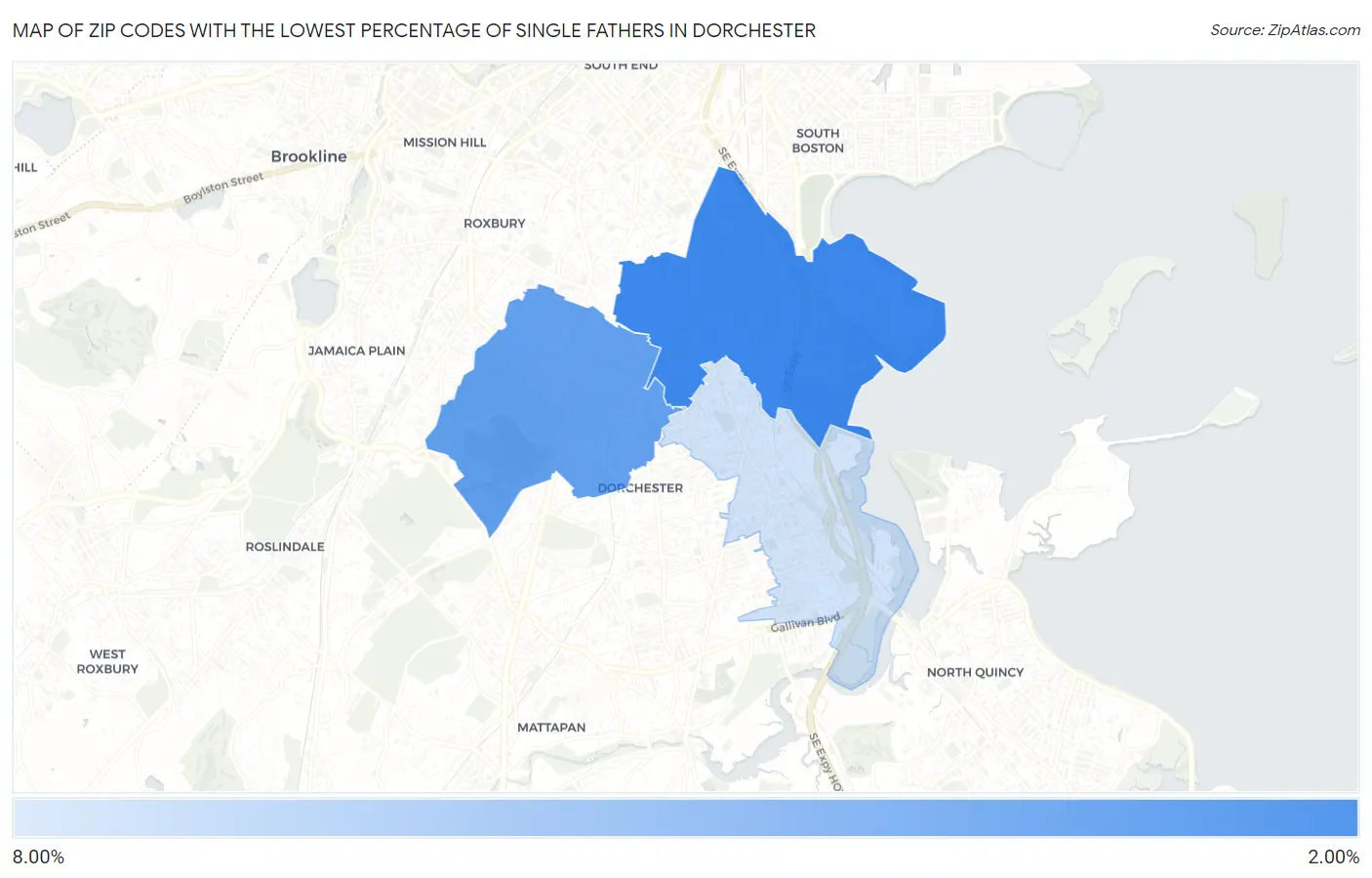 Zip Codes with the Lowest Percentage of Single Fathers in Dorchester Map