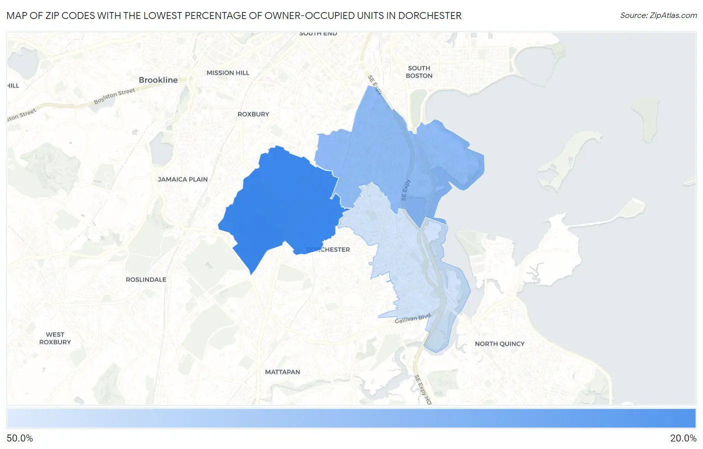 Zip Codes with the Lowest Percentage of Owner-Occupied Units in Dorchester Map