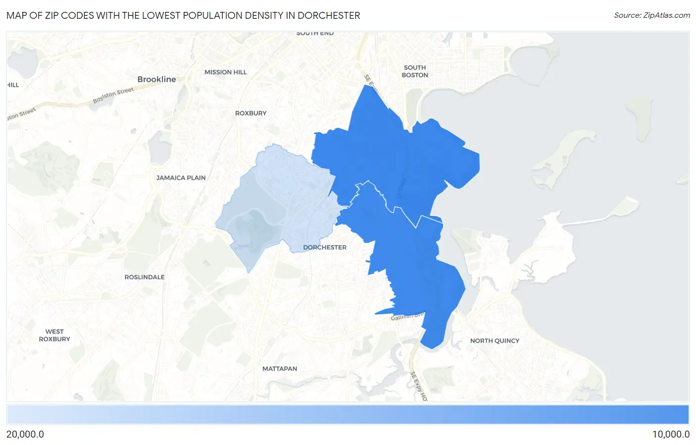 Zip Codes with the Lowest Population Density in Dorchester Map