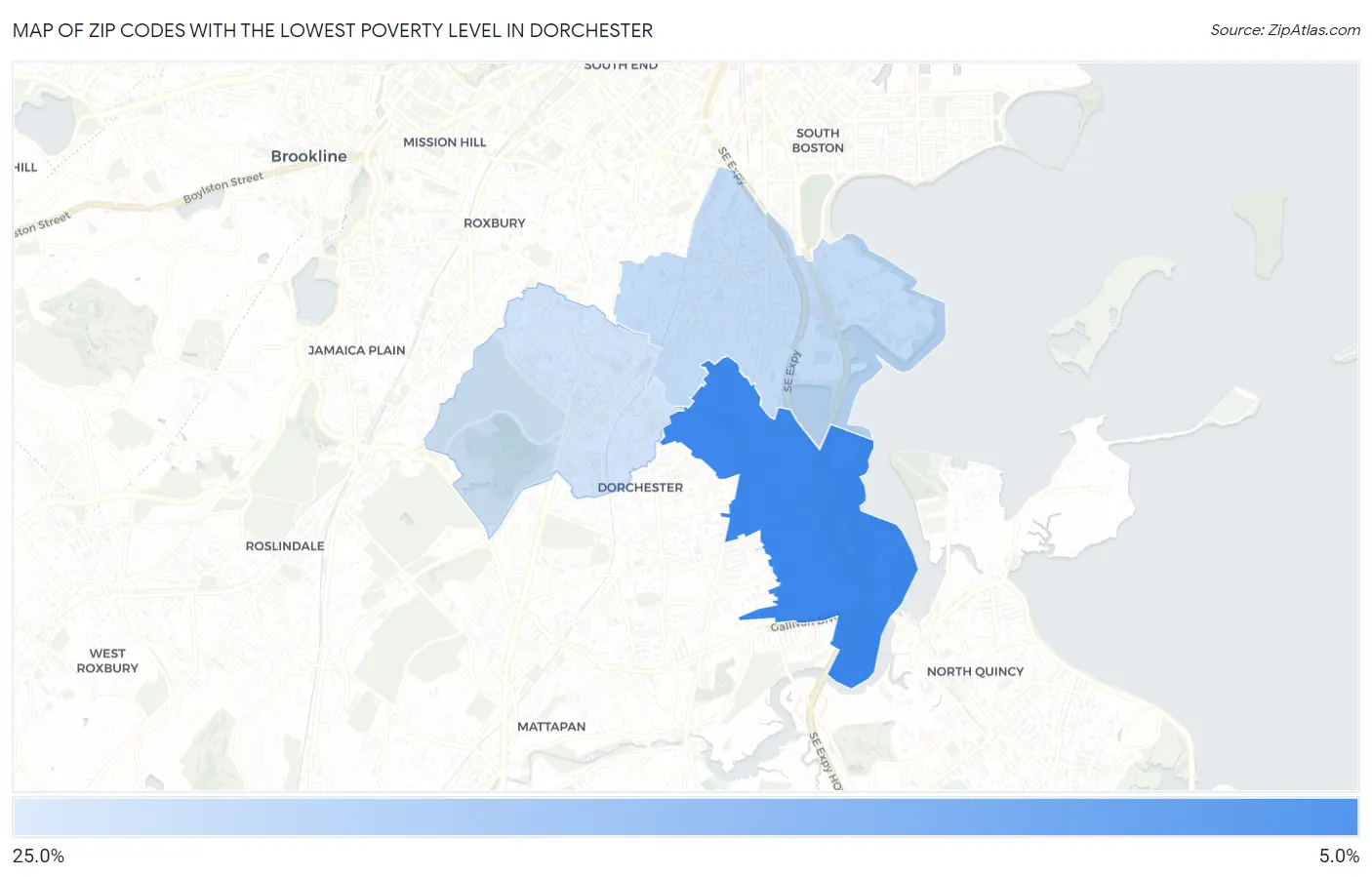 Zip Codes with the Lowest Poverty Level in Dorchester Map