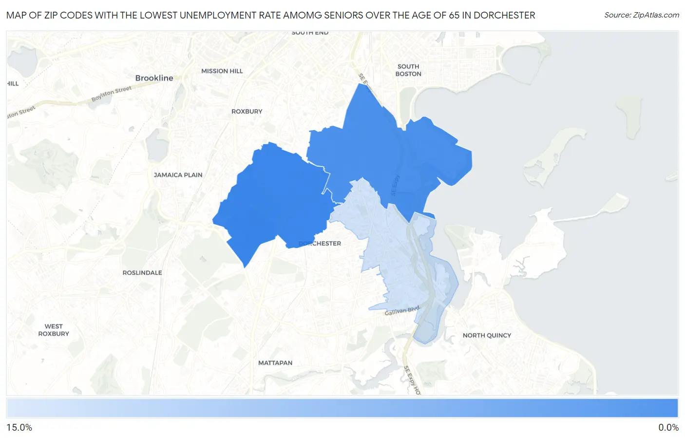 Zip Codes with the Lowest Unemployment Rate Amomg Seniors Over the Age of 65 in Dorchester Map