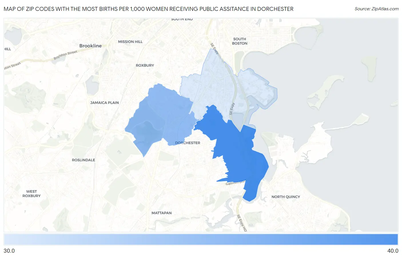 Zip Codes with the Most Births per 1,000 Women Receiving Public Assitance in Dorchester Map