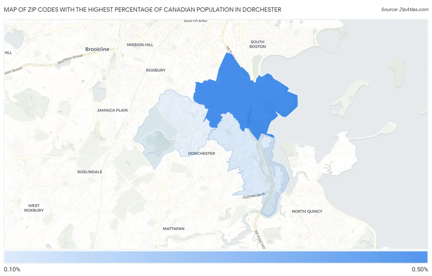 Zip Codes with the Highest Percentage of Canadian Population in Dorchester Map