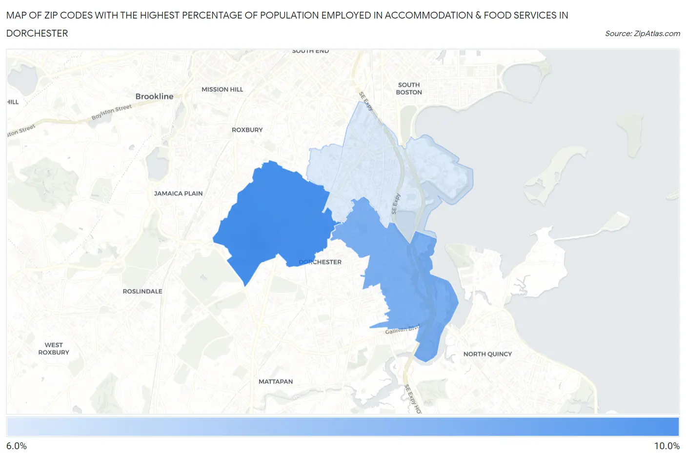 Zip Codes with the Highest Percentage of Population Employed in Accommodation & Food Services in Dorchester Map