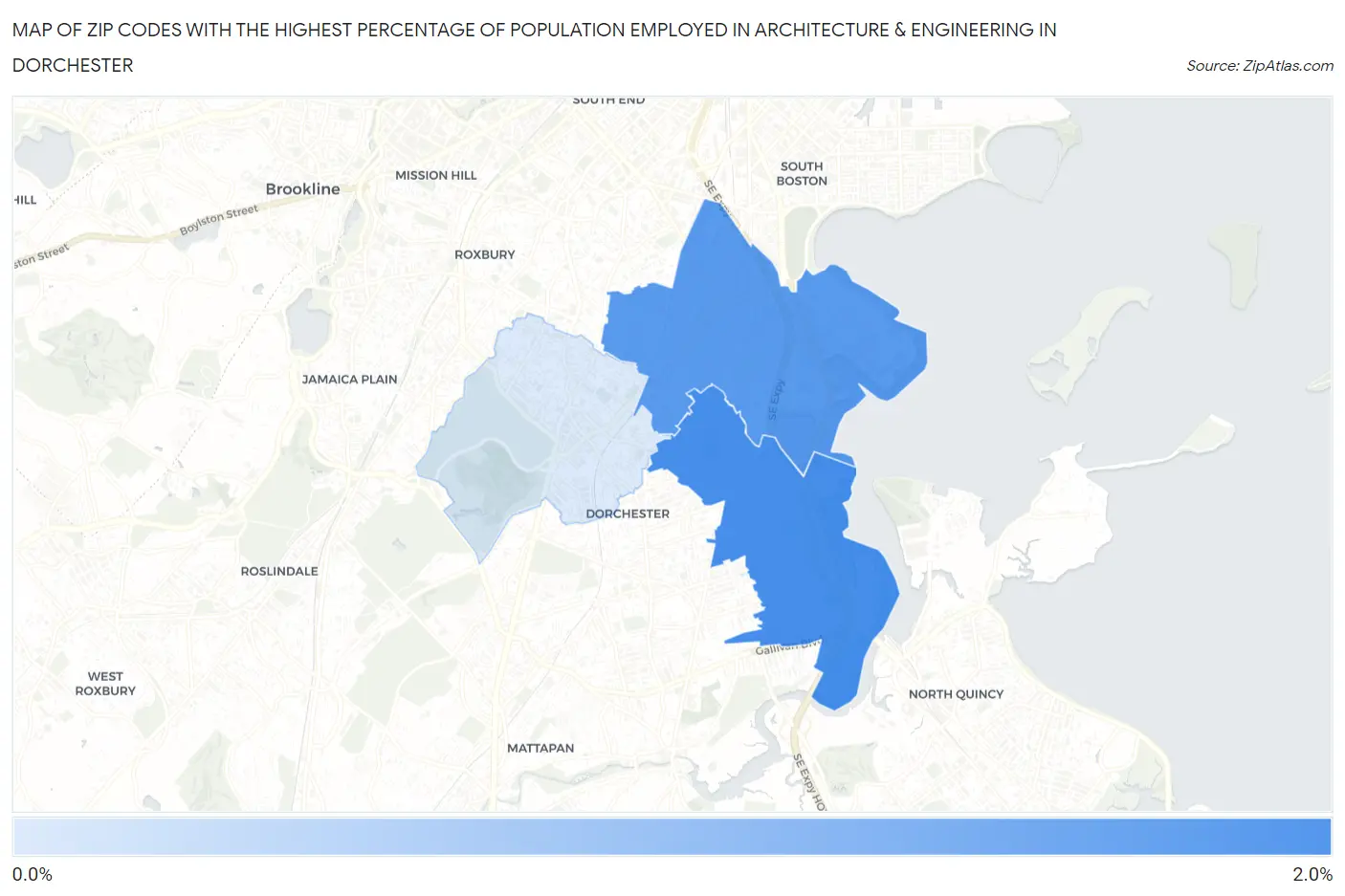 Zip Codes with the Highest Percentage of Population Employed in Architecture & Engineering in Dorchester Map