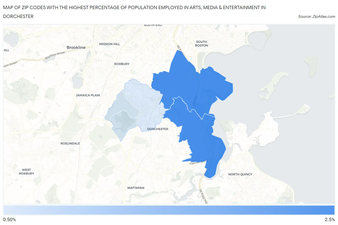 Zip Codes with the Highest Percentage of Population Employed in Arts, Media & Entertainment in Dorchester Map