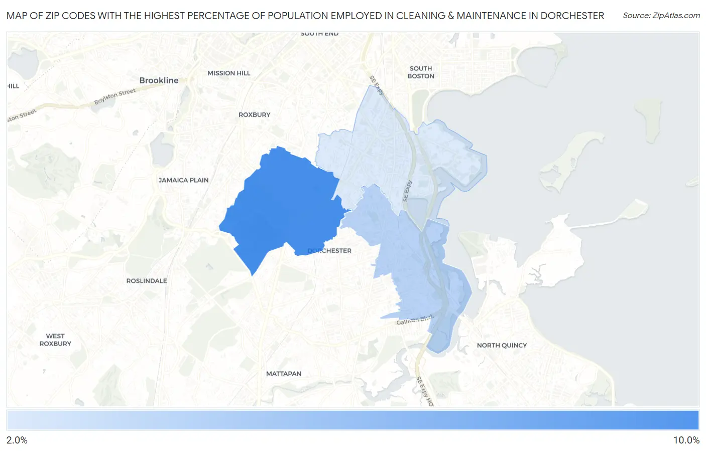 Zip Codes with the Highest Percentage of Population Employed in Cleaning & Maintenance in Dorchester Map