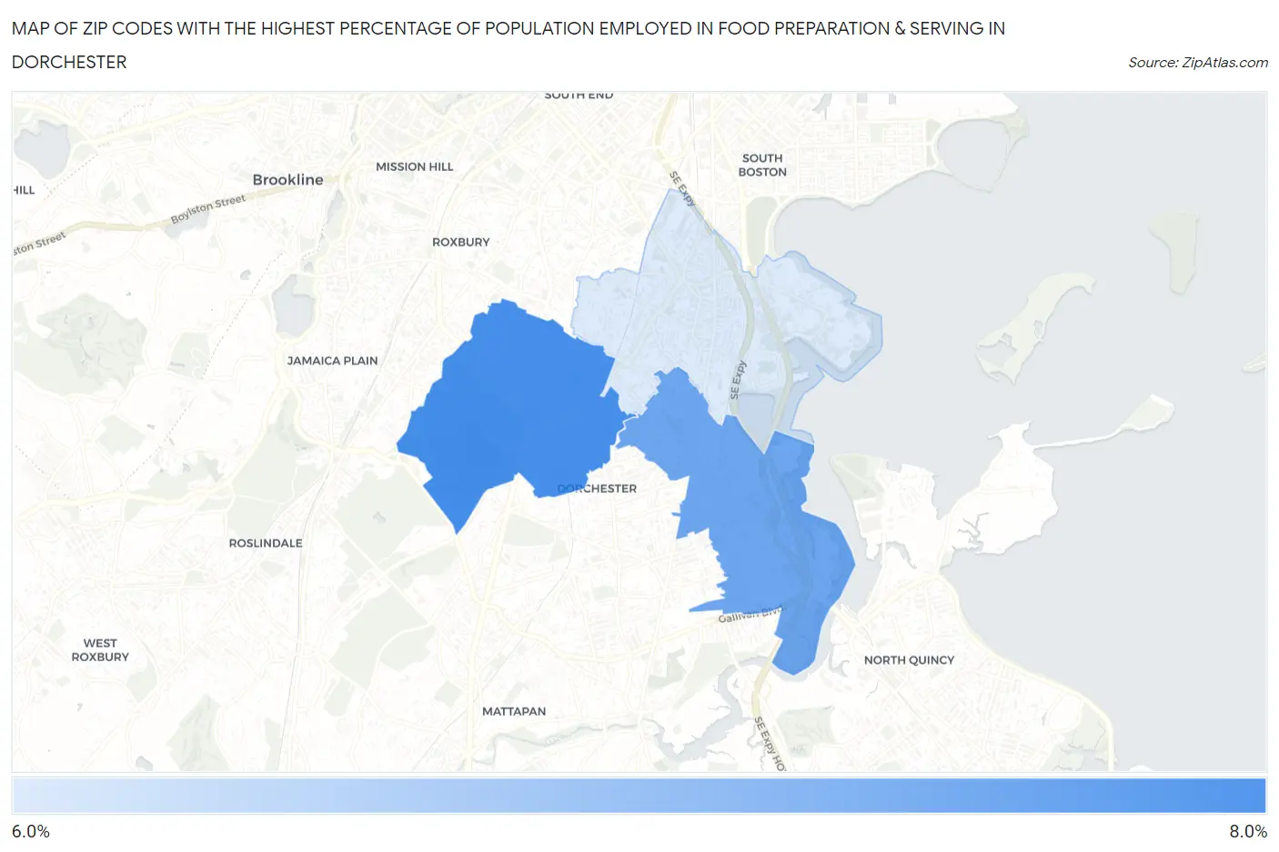 Zip Codes with the Highest Percentage of Population Employed in Food Preparation & Serving in Dorchester Map