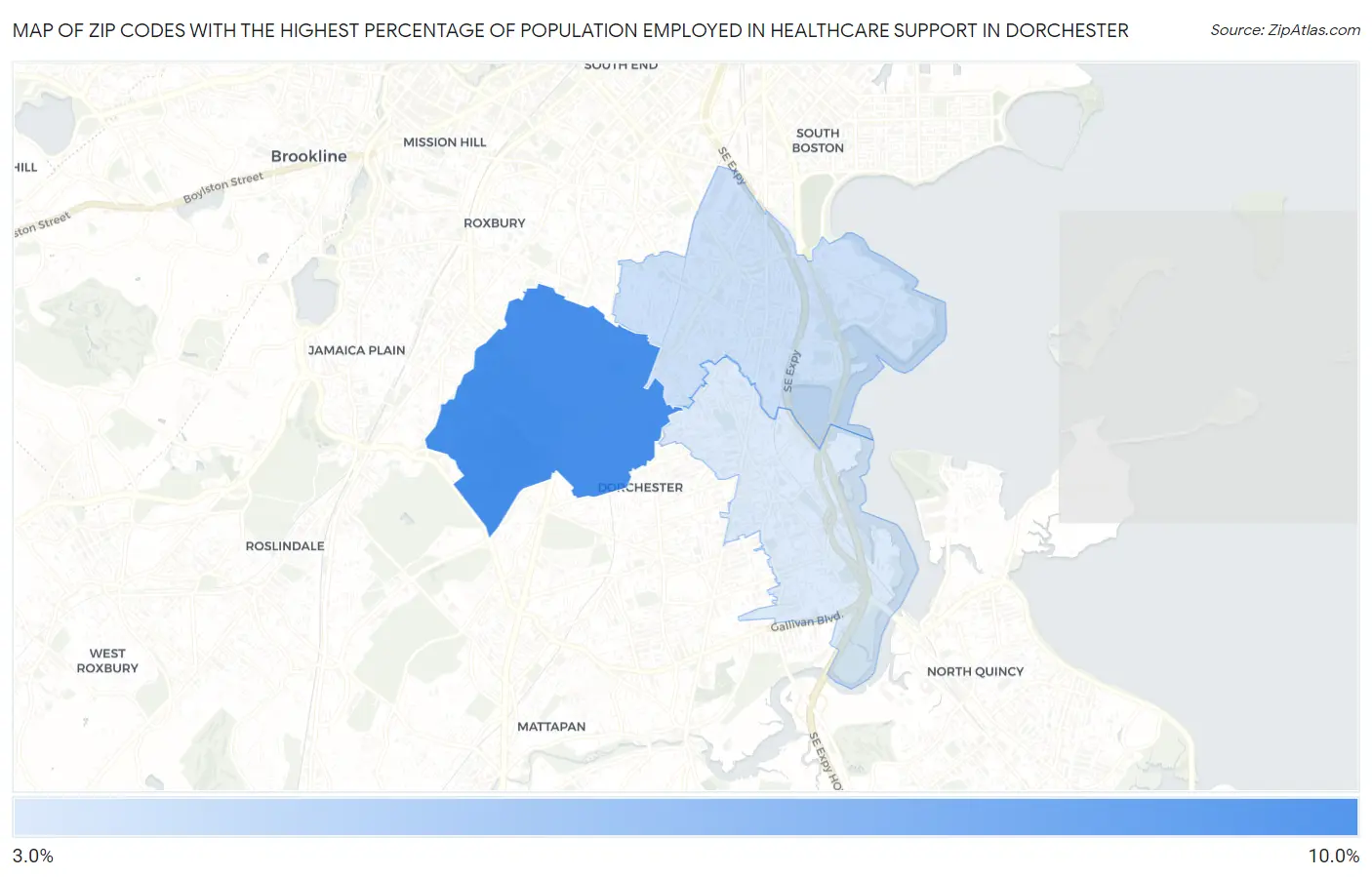 Zip Codes with the Highest Percentage of Population Employed in Healthcare Support in Dorchester Map