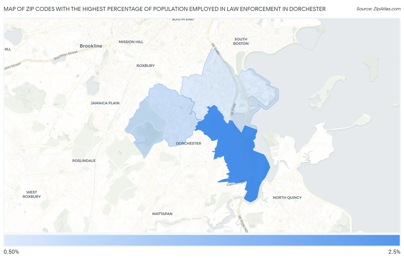 Zip Codes with the Highest Percentage of Population Employed in Law Enforcement in Dorchester Map