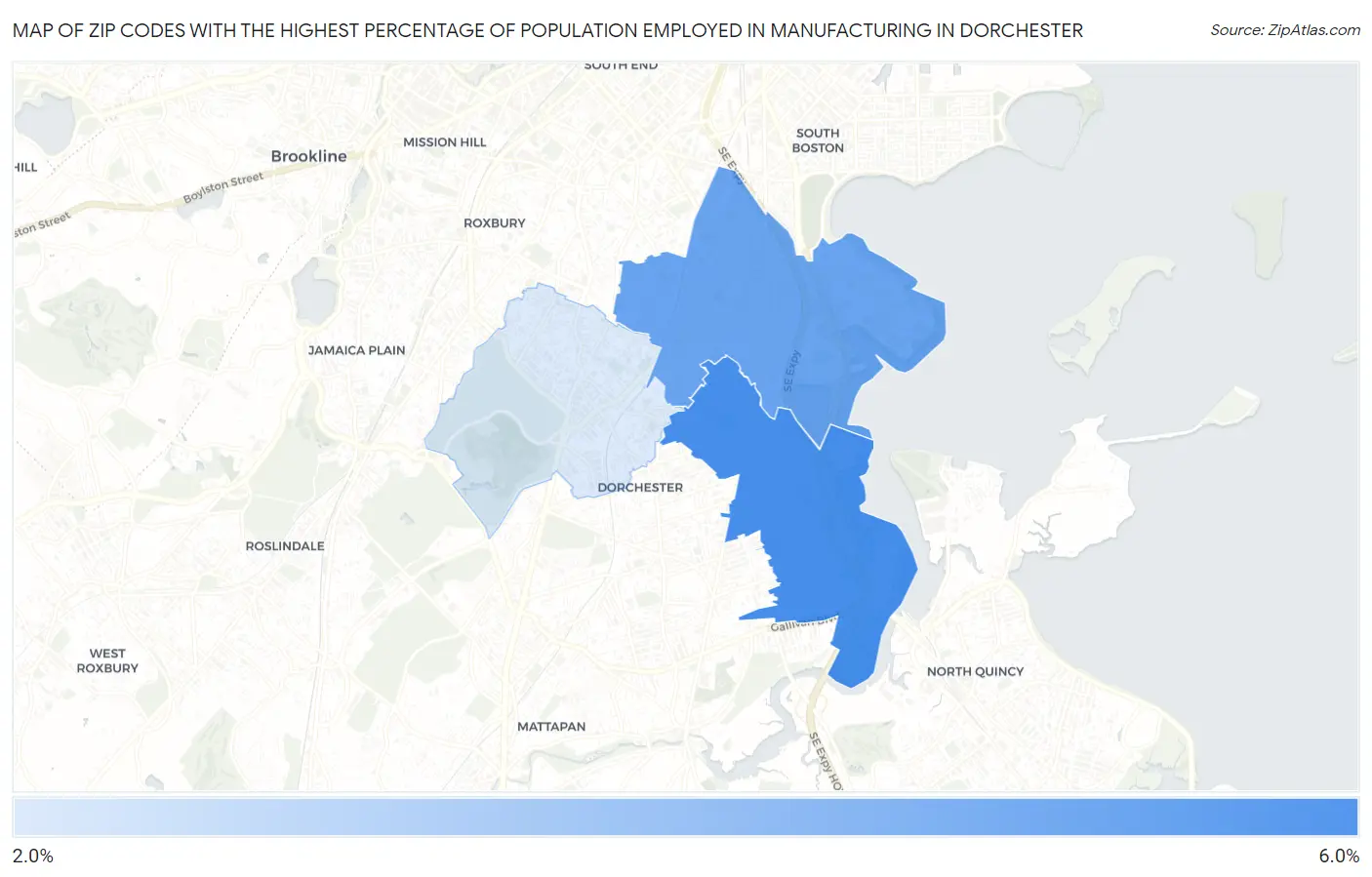 Zip Codes with the Highest Percentage of Population Employed in Manufacturing in Dorchester Map