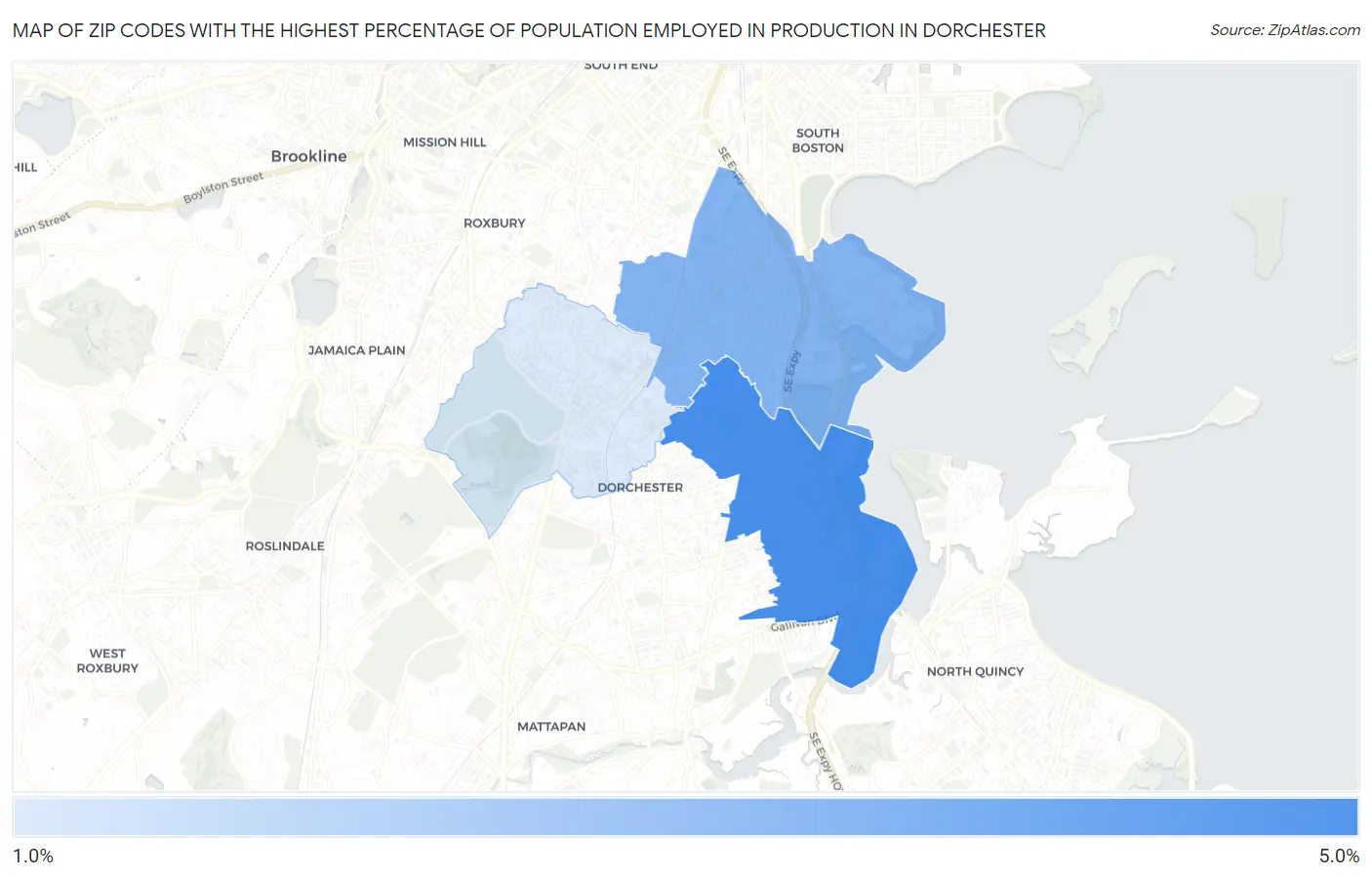 Zip Codes with the Highest Percentage of Population Employed in Production in Dorchester Map