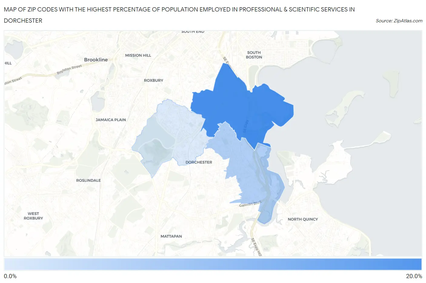 Zip Codes with the Highest Percentage of Population Employed in Professional & Scientific Services in Dorchester Map
