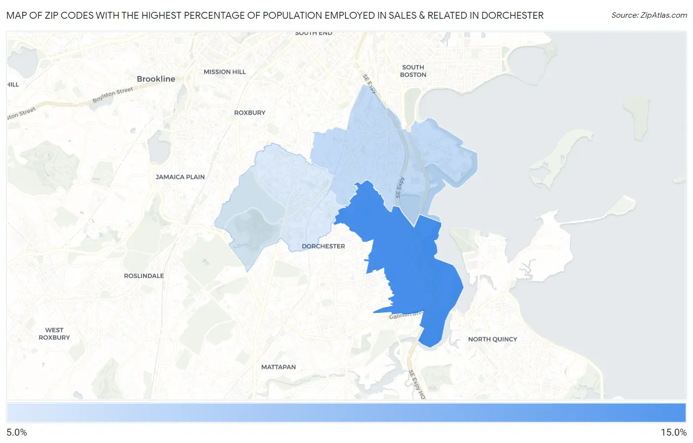 Zip Codes with the Highest Percentage of Population Employed in Sales & Related in Dorchester Map
