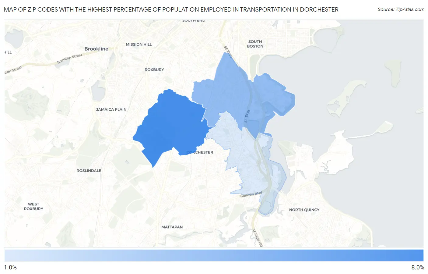 Zip Codes with the Highest Percentage of Population Employed in Transportation in Dorchester Map