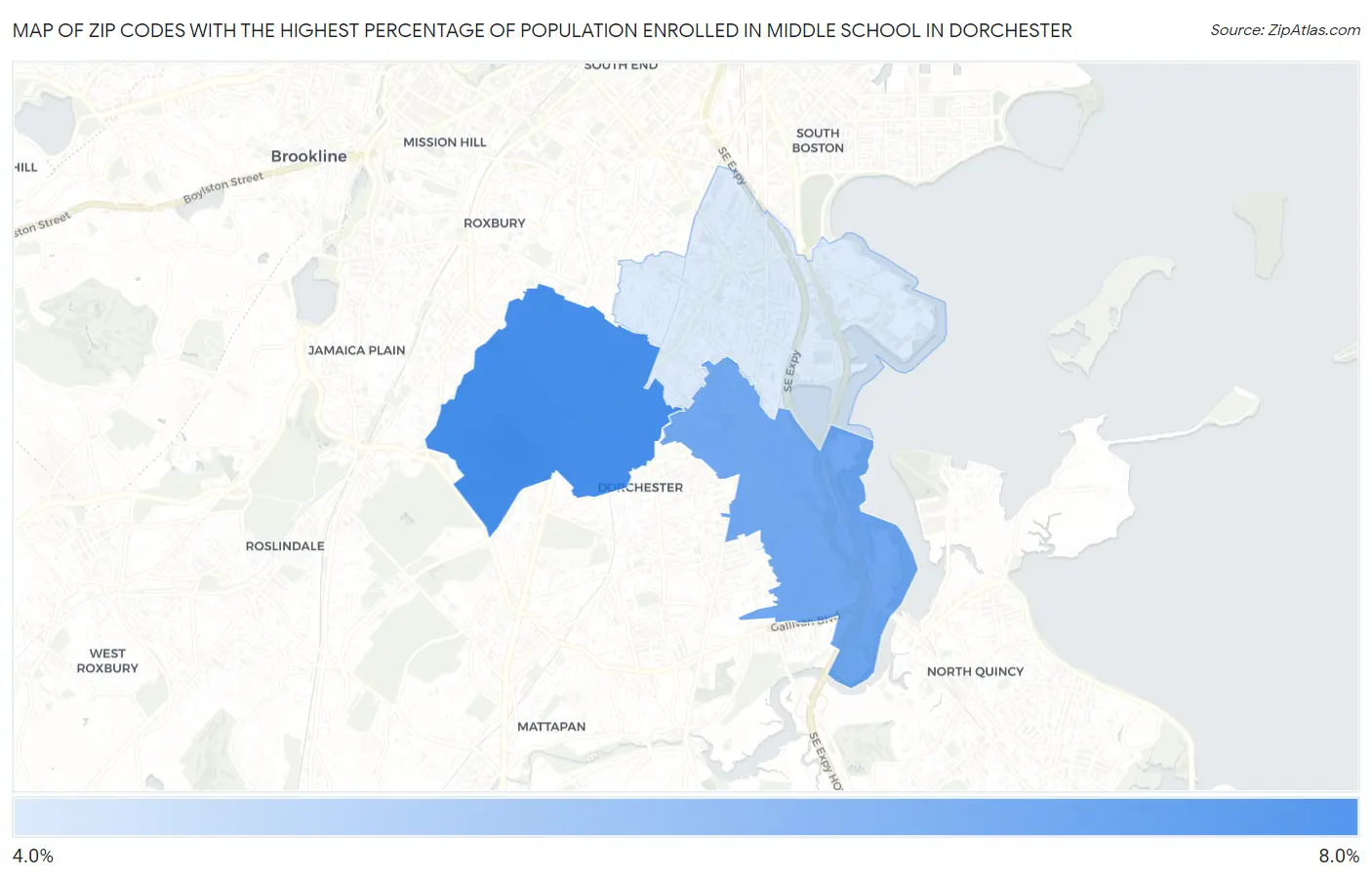 Zip Codes with the Highest Percentage of Population Enrolled in Middle School in Dorchester Map