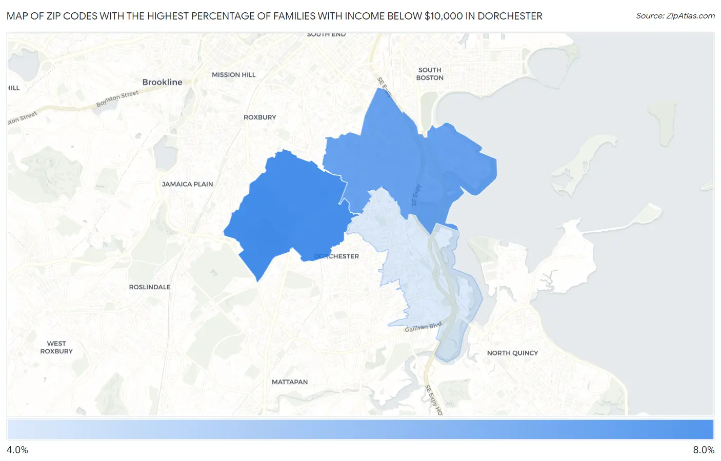 Zip Codes with the Highest Percentage of Families with Income Below $10,000 in Dorchester Map