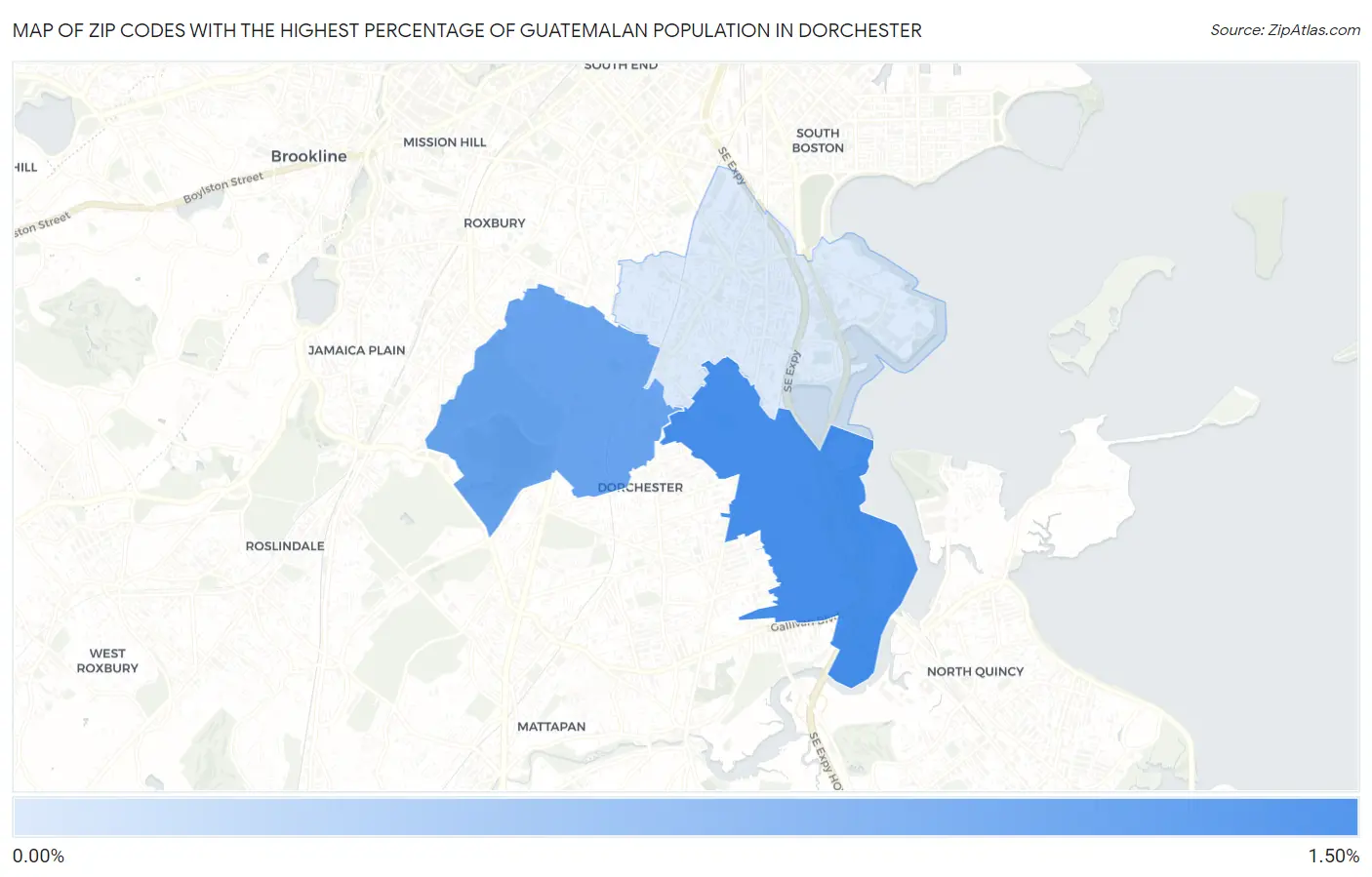 Zip Codes with the Highest Percentage of Guatemalan Population in Dorchester Map