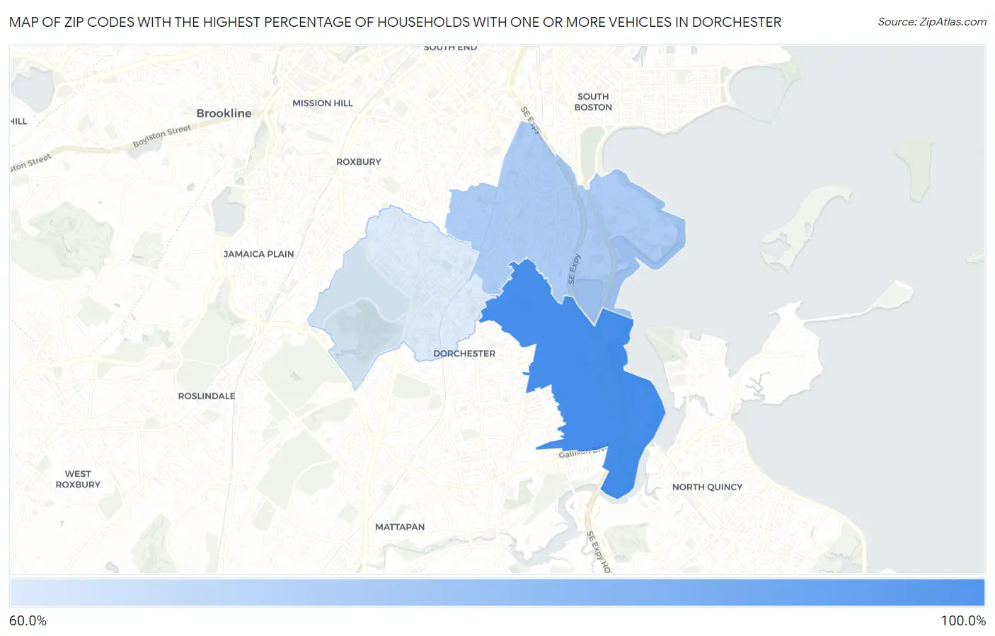 Zip Codes with the Highest Percentage of Households With One or more Vehicles in Dorchester Map