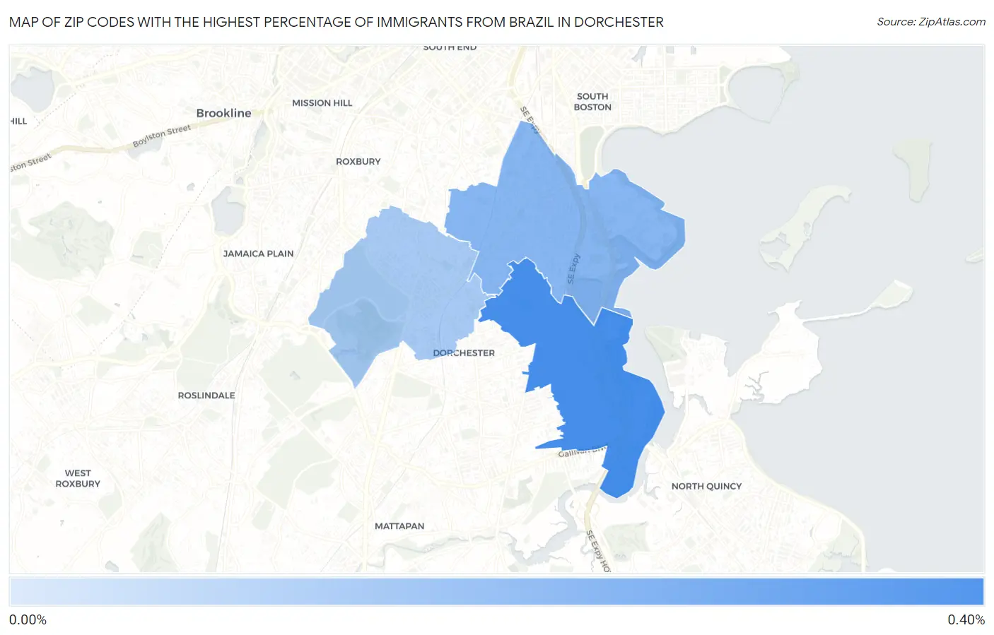 Zip Codes with the Highest Percentage of Immigrants from Brazil in Dorchester Map