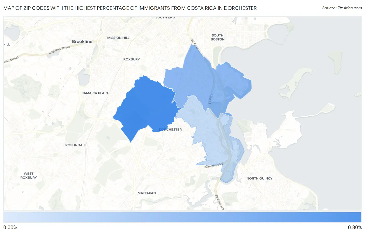 Zip Codes with the Highest Percentage of Immigrants from Costa Rica in Dorchester Map