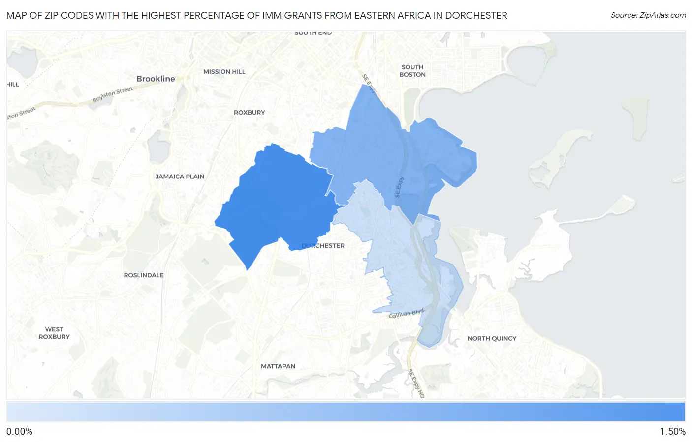 Zip Codes with the Highest Percentage of Immigrants from Eastern Africa in Dorchester Map