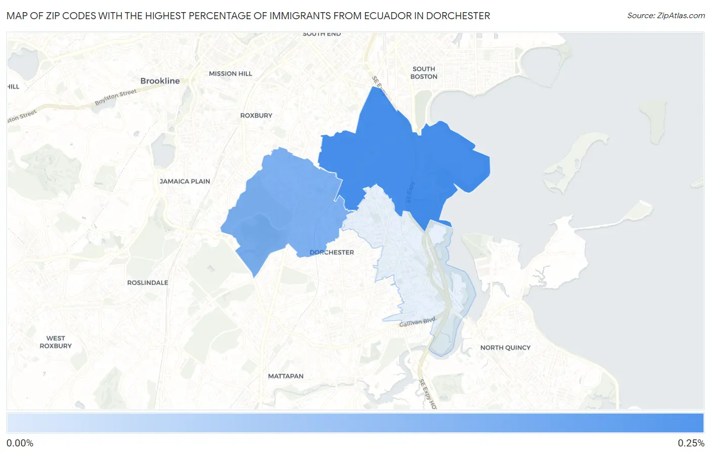 Zip Codes with the Highest Percentage of Immigrants from Ecuador in Dorchester Map