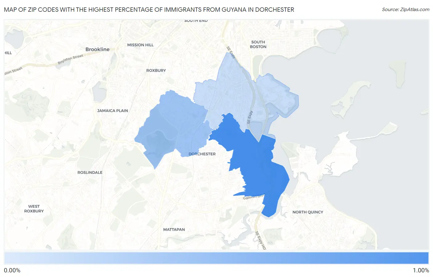 Zip Codes with the Highest Percentage of Immigrants from Guyana in Dorchester Map