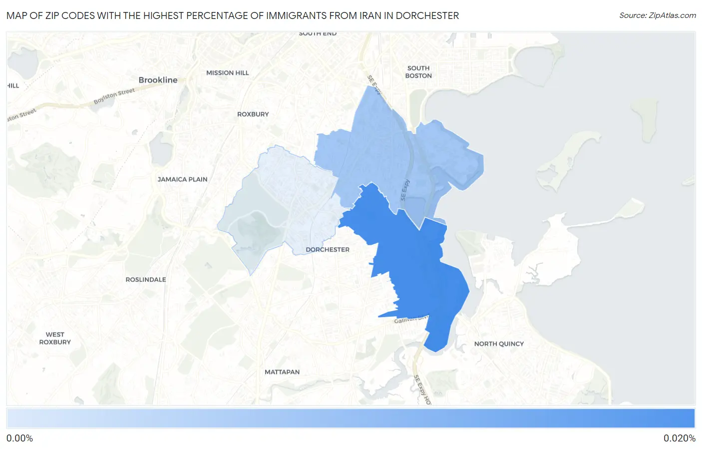 Zip Codes with the Highest Percentage of Immigrants from Iran in Dorchester Map