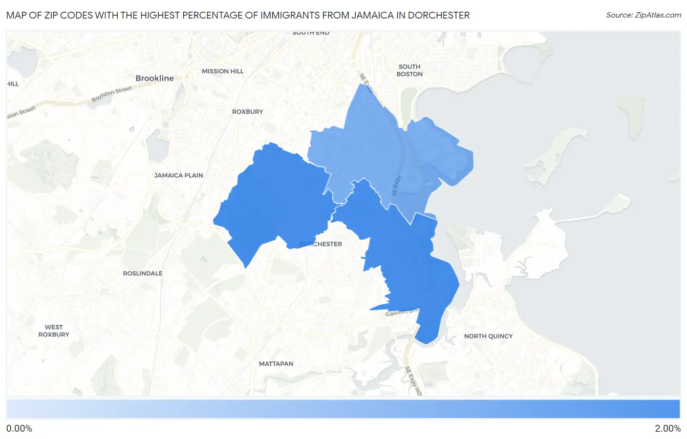 Zip Codes with the Highest Percentage of Immigrants from Jamaica in Dorchester Map