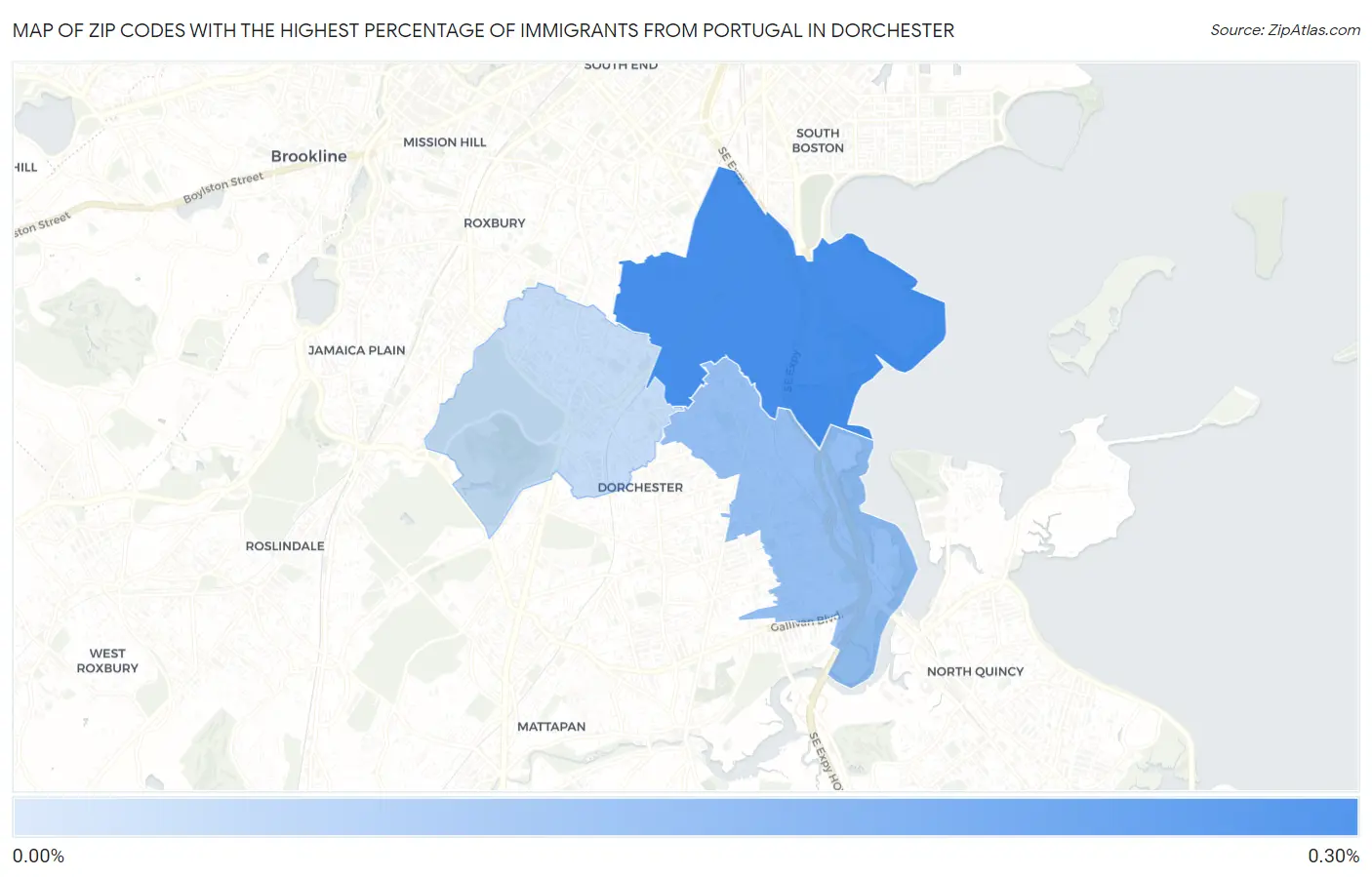 Zip Codes with the Highest Percentage of Immigrants from Portugal in Dorchester Map