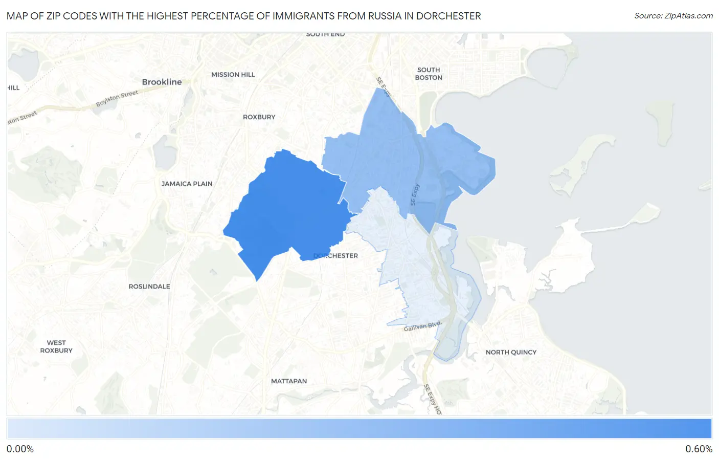 Zip Codes with the Highest Percentage of Immigrants from Russia in Dorchester Map