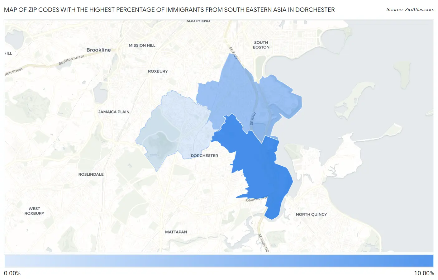 Zip Codes with the Highest Percentage of Immigrants from South Eastern Asia in Dorchester Map