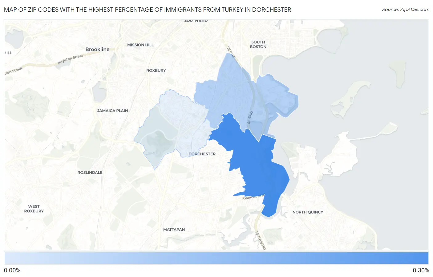 Zip Codes with the Highest Percentage of Immigrants from Turkey in Dorchester Map