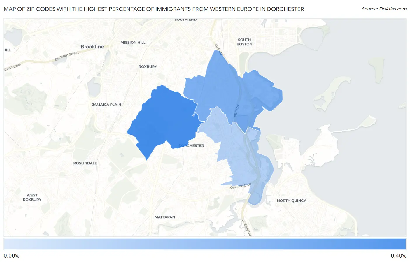 Zip Codes with the Highest Percentage of Immigrants from Western Europe in Dorchester Map