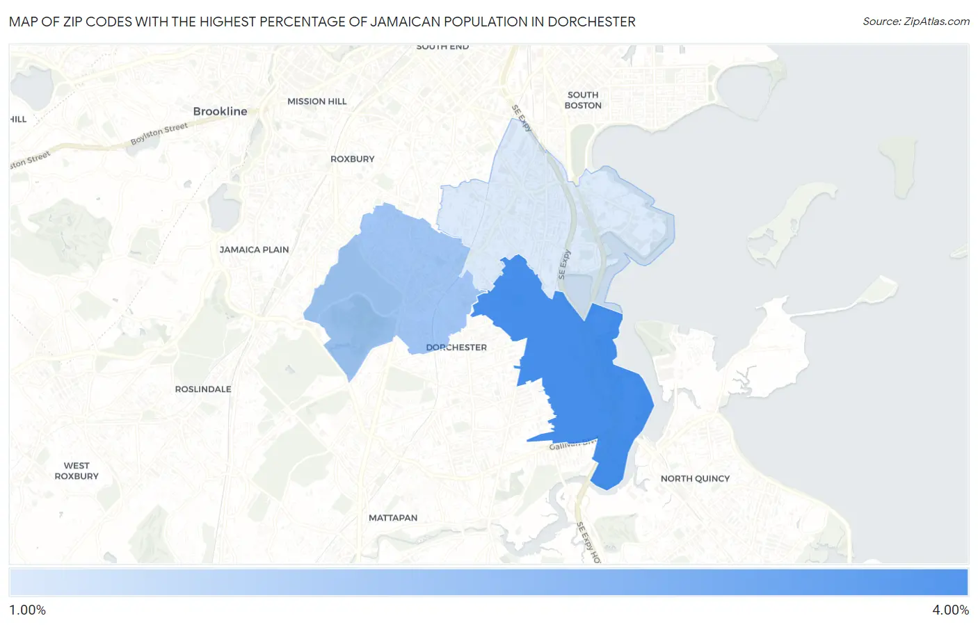 Zip Codes with the Highest Percentage of Jamaican Population in Dorchester Map