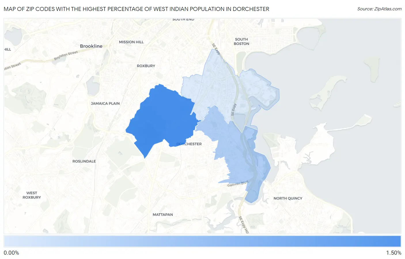 Zip Codes with the Highest Percentage of West Indian Population in Dorchester Map