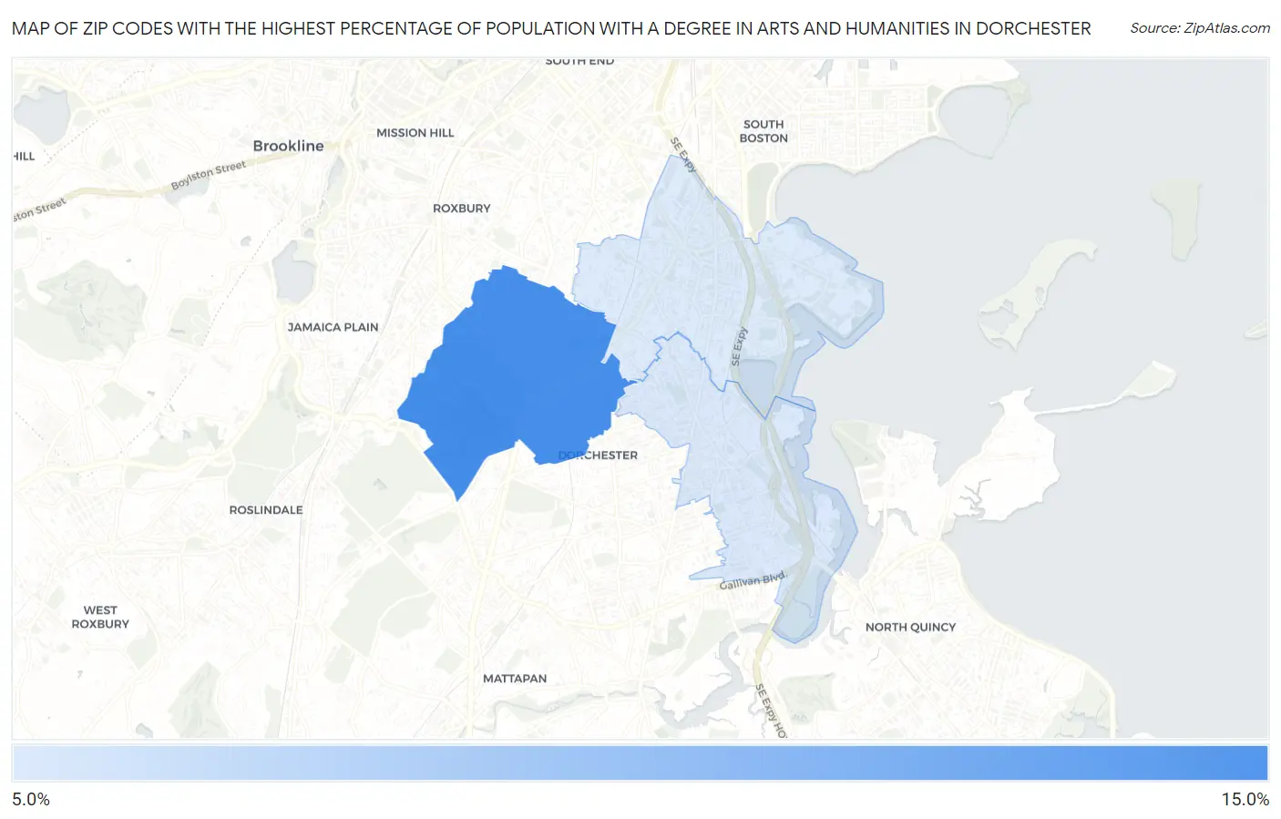 Zip Codes with the Highest Percentage of Population with a Degree in Arts and Humanities in Dorchester Map