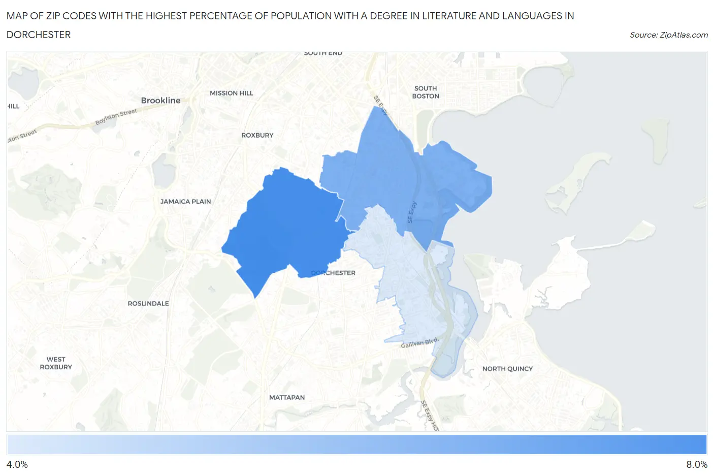 Zip Codes with the Highest Percentage of Population with a Degree in Literature and Languages in Dorchester Map