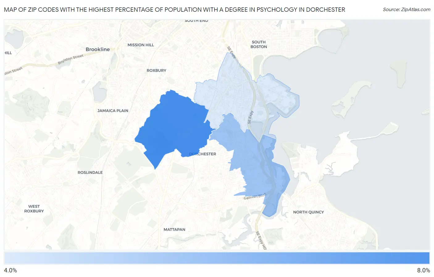 Zip Codes with the Highest Percentage of Population with a Degree in Psychology in Dorchester Map