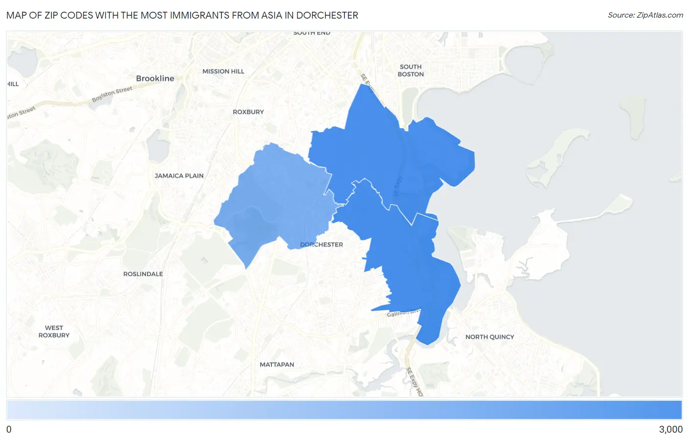 Zip Codes with the Most Immigrants from Asia in Dorchester Map