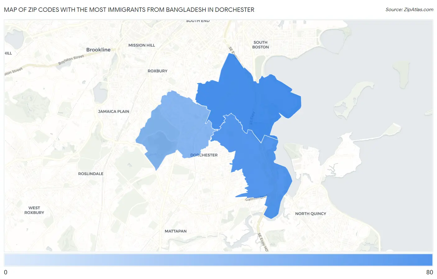 Zip Codes with the Most Immigrants from Bangladesh in Dorchester Map