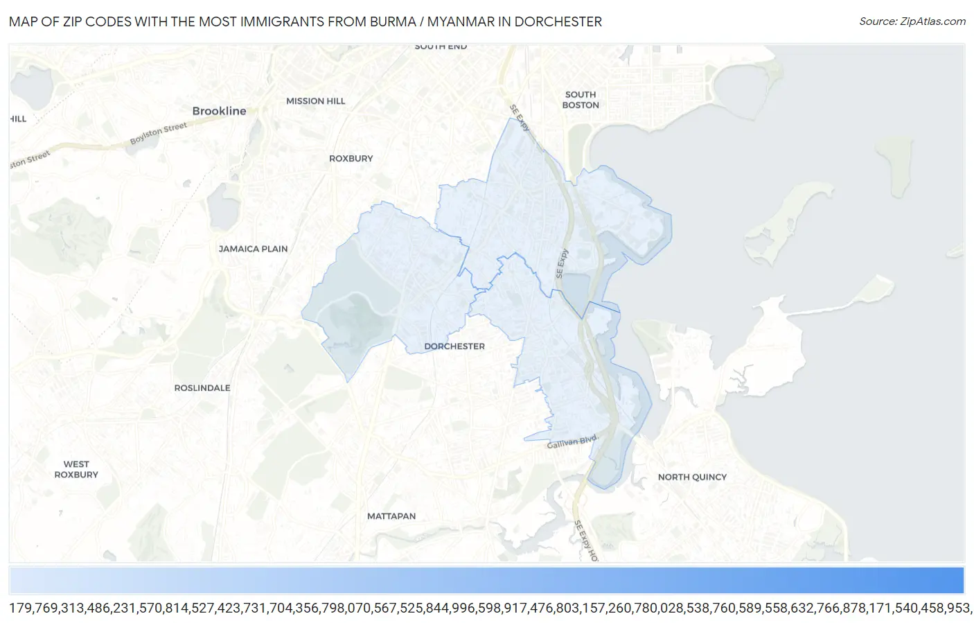 Zip Codes with the Most Immigrants from Burma / Myanmar in Dorchester Map