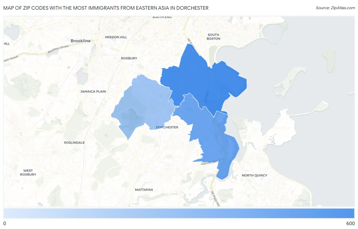 Zip Codes with the Most Immigrants from Eastern Asia in Dorchester Map
