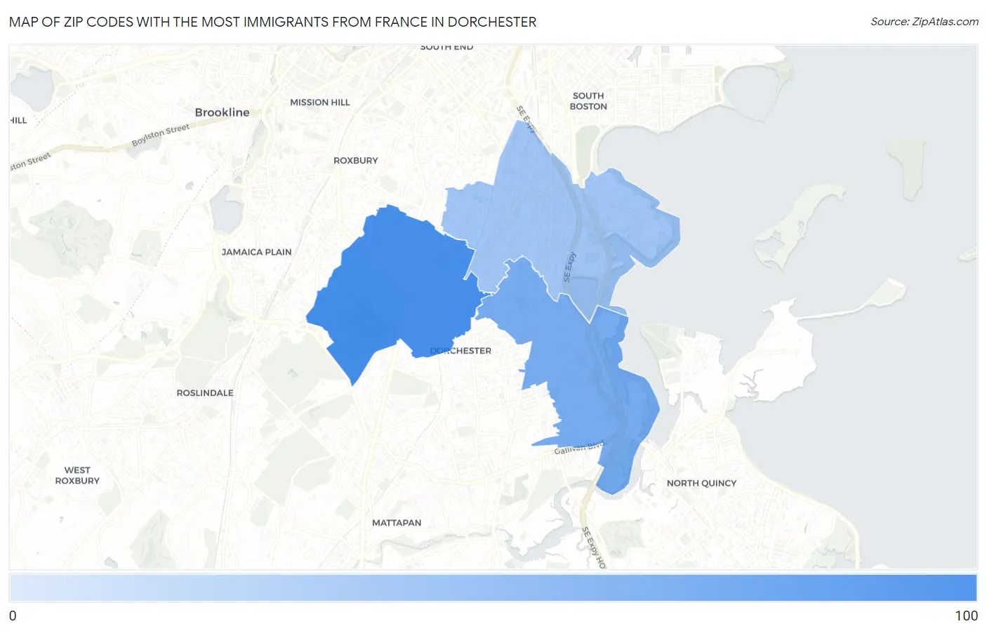 Zip Codes with the Most Immigrants from France in Dorchester Map